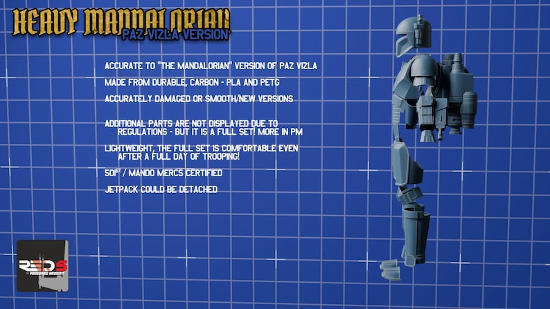 Puede incluir: Un conjunto de armadura gris impreso en 3D inspirado en Paz Vizla de The Mandalorian, que incluye casco, pieza de pecho, mochila propulsora y piezas para las piernas. El texto HEAVY MANDALORIAN PAZ VIZLA VERSION aparece junto a los detalles.