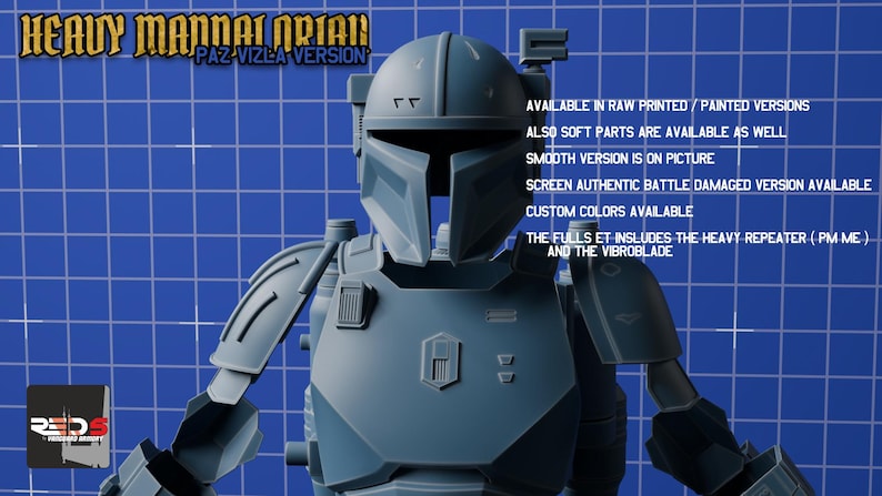 Puede incluir: Un conjunto de armadura mandaloriana azul gris&aacute;ceo con casco de visera en forma de T, hombreras y placa pectoral. El texto dice: HEAVY MANDALORIAN PAZ VIZLA VERSION. AVAILABLE IN RAW PRINTED / PAINTED VERSIONS. ALSO SOFT PARTS ARE AVAILABLE AS WELL. SMOOTH VERSION IS ON PICTURE. SCREEN AUTHENTIC BATTLE DAMAGED VERSION AVAILABLE. CUSTOM COLORS AVAILABLE. THE FULL SET INCLUDES THE HEAVY REPEATER (PM ME) AND THE VIBROBLADE.