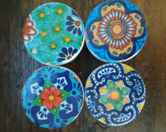 4 Oversized Wood Knobs Talavera Inspired Decoupaged Knobs Etsy