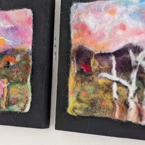 Wool paintings needle felted wool art. Set of two One of a kind art. Anniversary gift(7 year)  on 8&quot;X8&quot; wood panels(2). Wool paintings