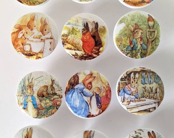 Beatrix Potter Peter Rabbit Nursery Knobs Decoupaged Hand Decorated Wood Dresser Knobs Pulls Three sizes available.