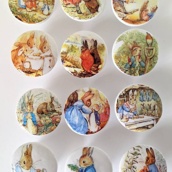 Beatrix Potter Peter Rabbit Nursery Knobs Decoupaged Hand Decorated Wood Dresser Knobs Pulls Three sizes available.