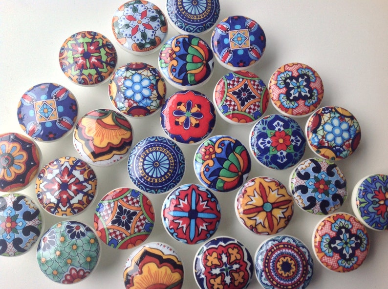 6 wooden drawer knobs; Talavera design hand decorated 1 12 inches diameter inside coupler and screws decoupaged Ceramic tiles designs
