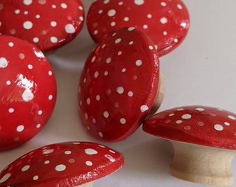 6 large dresser or door knobs pulls drawer knobs hand painted red mushrooms 1 3/4 inches diameter. Set of 6 mushrooms designer knobs