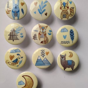 Nursery knobs Modern Nordic Hand Decorated Wood Dresser Knobs Pulls Nordic Forest Three sizes available. Includes screws