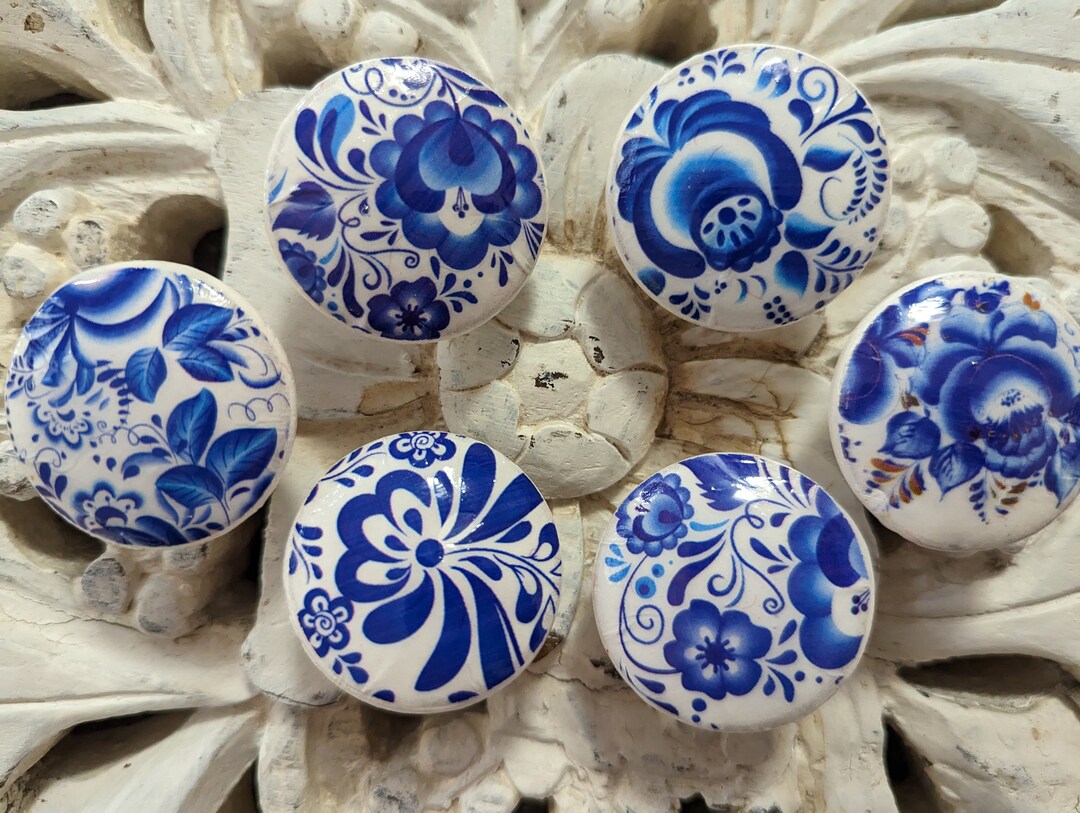 Knobs Wooden Knobs Hand Decorated decoupaged With Blue Ceramic Flowers Designs.wood