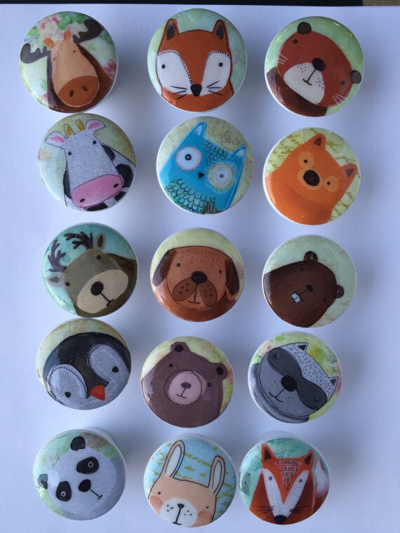 Woodland Dresser Pulls Wood Knobs Decoupaged With Cute Animal Etsy