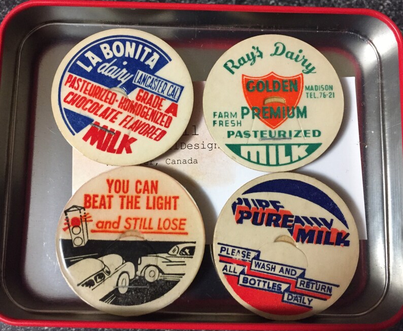 set of 4 in small gift tin Vintage Milk Bottle Caps Fridge Magnets
