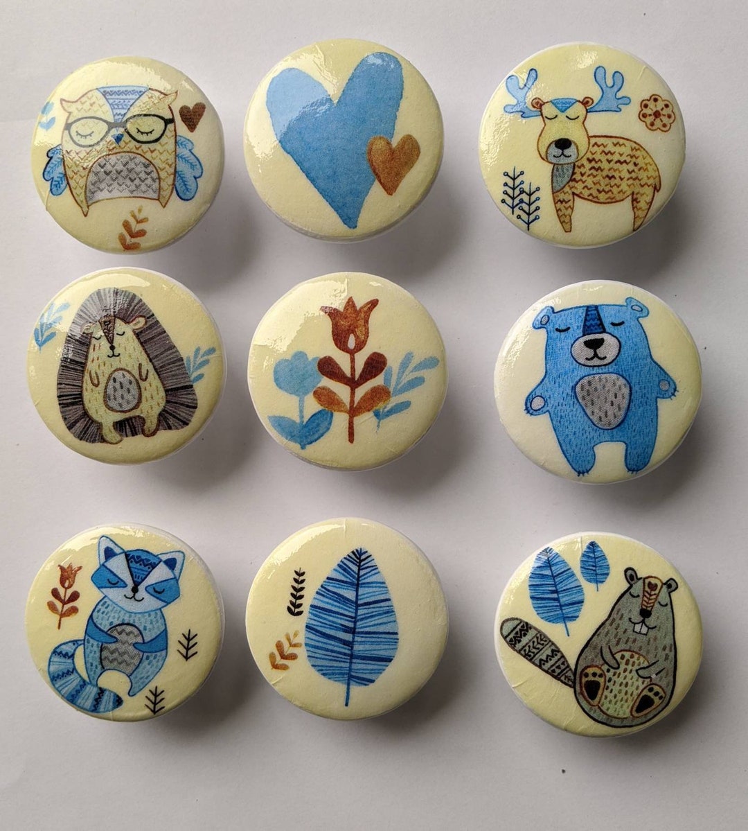 10 Large Wooden Knobs Dresser Drawer Pulls Scandinavian Woodland Theme Knobs 1 3/4 Inches Set of