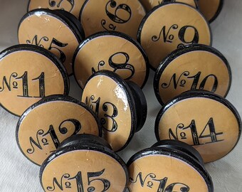 4 large wood knobs French numbers vintage porcelain signs inspired designs knobs Cabinet pulls knobs 1 and 3/4 inch tan and black