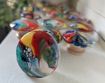 4 funky cabinet door knobs one of a kind hand painted unique  designer  knobs 1 1/2 inches diameter. Set of 4 bright marbled designs