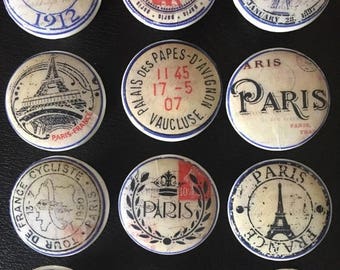 Door knobs 8 Vintage Paris designs wood knobs French theme 1 1/2 inches set of 8 decoupaged