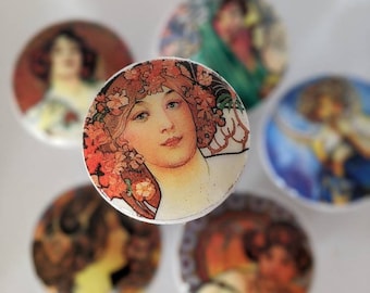 Alphonse Mucha  6 Drawer knobs cabinet knobs pulls decorated with Alphonse Mucha images set of 6