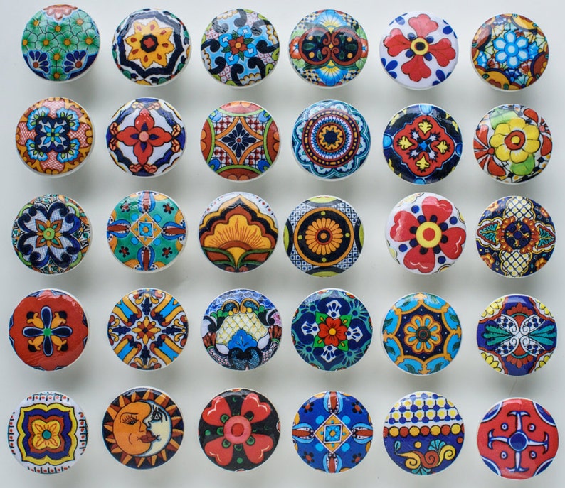 6 wooden drawer knobs; Talavera design hand decorated 1 12 inches diameter inside coupler and screws decoupaged Ceramic tiles designs