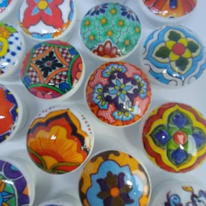 Cabinet knobs wooden knobs hand decorated (decoupaged) Mexican Talavera designs.Wood knobs. Three sizes.