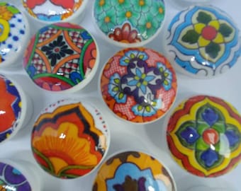 Cabinet knobs wooden knobs hand decorated (decoupaged) Mexican Talavera designs.Wood knobs. Three sizes.
