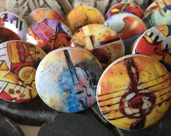 wooden drawer knobs; musical instrument jazz design  hand decorated (decoupaged)1 1/2 inches (6)1 1/2 inches diameter