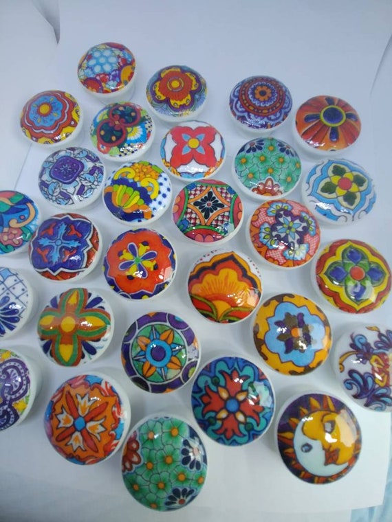 6 wooden drawer knobs Talavera design hand decorated Etsy