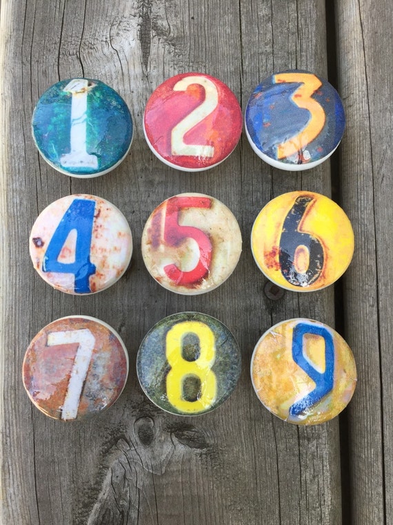 Wood knobs Vintage numbers decorated wooden Knobs set of 4 in Etsy
