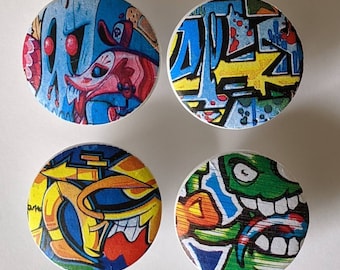 4 large dresser knobs decorated with graffiti images 1 3/4 inch set of 4 large wood knobs with screws. Cabinet knobs