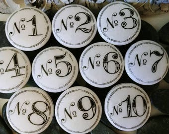 French Number Wood Knobs: Vintage Inspired Cabinet Drawer Pulls (Set of 10)