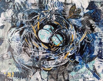 Nest painting Hand painted acrylic monotype on 8 by 10 gel press plate acid free,8 and a half x 11 inch art paper.  Nest eggs"series