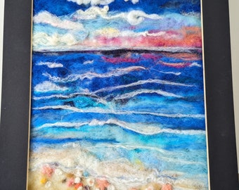 Seaside landscape needle felted wool art. One of a kind textile art. Original wool paintingAnniversary gift(7 year) 10.5"x14" .Wool painting