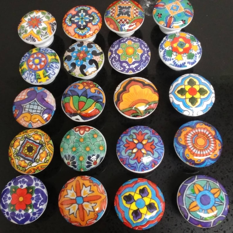 6 wooden drawer knobs Mexican Talavera designs WOOD Etsy