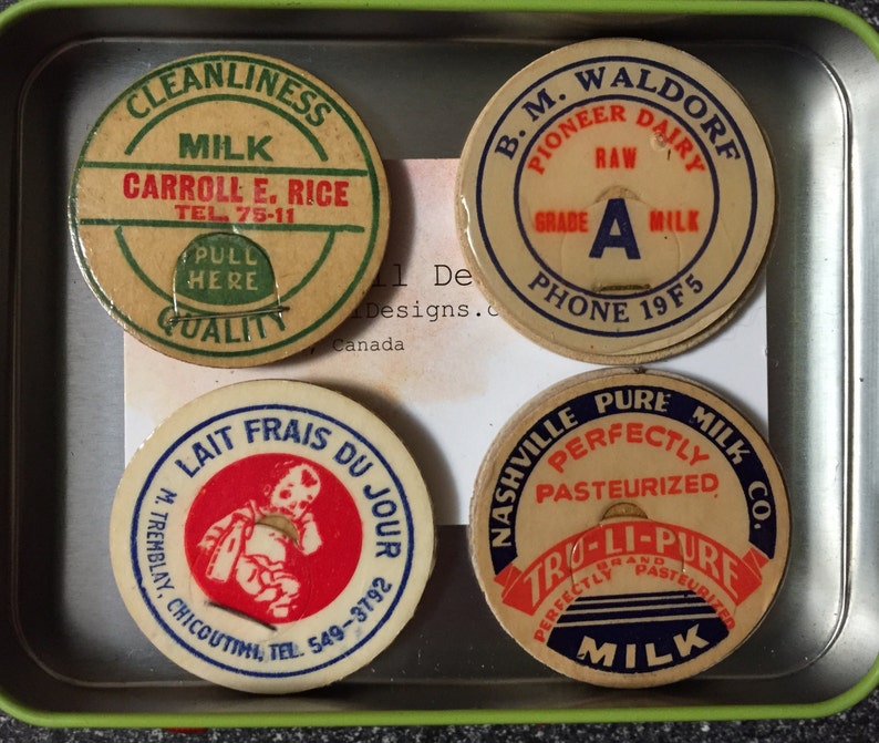 set of 4 in small gift tin Vintage Milk Bottle Caps Fridge Magnets