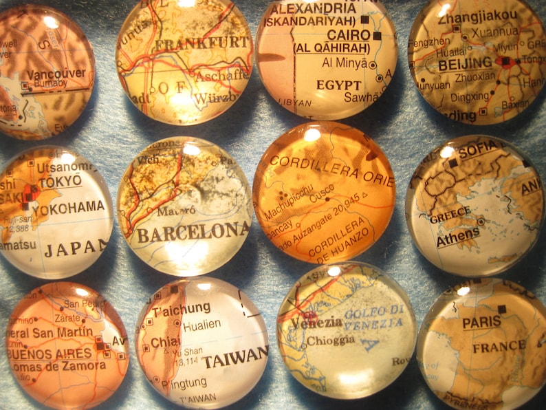 Corporate set of 6 Wedding 6 Custom map Magnets wedding favors Glass Fridge Magnets World Maps