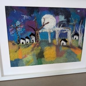 Original art Silver Moonlight felted wool painting framed textile art. Ooak textile art. Anniversary gift(7 year) 12&quot;x14&quot; frame original art