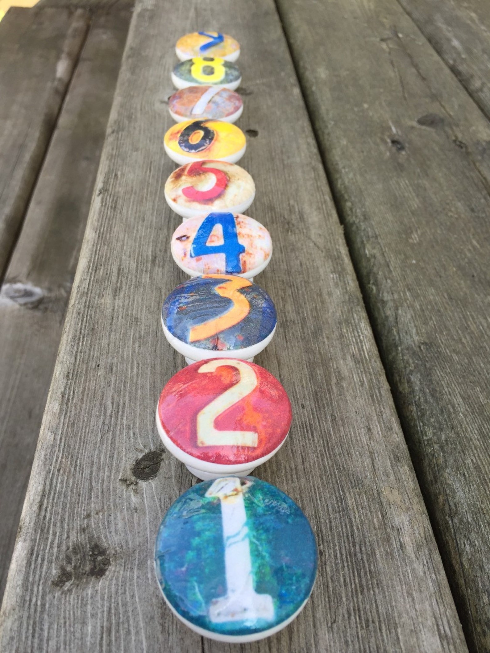 Wood knobs Vintage numbers decorated wooden Knobs set of 4 in Etsy