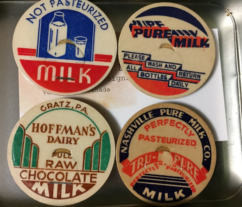 set of 4 in small gift tin Vintage Milk Bottle Caps Fridge Magnets
