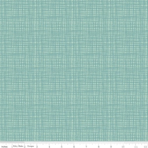May include: A fabric with a teal and off-white crosshatch pattern. The design features a grid-like texture, with intersecting lines creating a woven appearance. The fabric is measured in inches along the bottom edge.