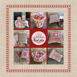 May include: A collage of handmade cross-stitch items in red and white, including pincushions, needle cases, and a sampler. The items are arranged on a neutral background with a decorative border. The text "Soed Idee" is visible.