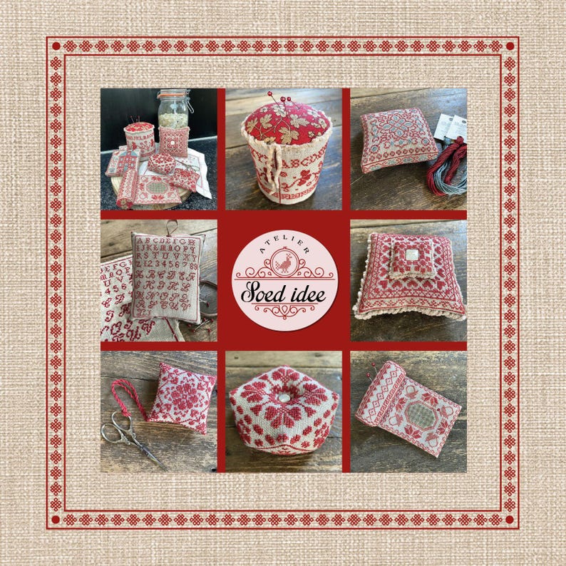 May include: A collage of handmade cross-stitch items in red and white, including pincushions, needle cases, and a sampler. The items are arranged on a neutral background with a decorative border. The text "Soed Idee" is visible.