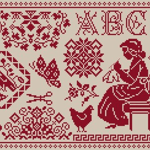 Pu&ograve; includere: Un campionario a punto croce in rosso su sfondo beige. Il disegno comprende motivi floreali, una casa, un uccello, una farfalla, lettere, numeri e una donna che cuce. Il bordo &egrave; un motivo a puntini ripetuto.