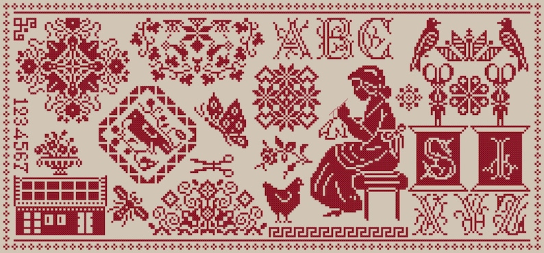 Pu&ograve; includere: Un campionario a punto croce in rosso su sfondo beige. Il disegno comprende motivi floreali, una casa, un uccello, una farfalla, lettere, numeri e una donna che cuce. Il bordo &egrave; un motivo a puntini ripetuto.