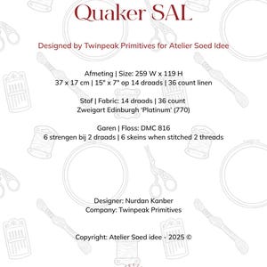 Pu&ograve; includere: Un modello per punto croce con il testo "Soed Idee Quaker SAL". L'immagine include informazioni sulle dimensioni (37 x 17 cm), il tessuto, il filo e il designer, Nurdan Kanber.