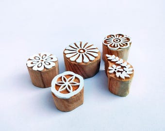 Hand-Carved Floral Printing Blocks: Indian Wood Stamps, Set of 5