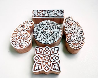 Hand-Carved Wooden Printing Block | Set Of 5 | Indian Block Print | Fabric & Clay Stamp