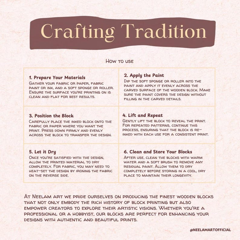 Puede incluir: Una gu&iacute;a titulada "Crafting Tradition" con instrucciones para la impresi&oacute;n con bloques. Los pasos incluyen la preparaci&oacute;n de materiales, la aplicaci&oacute;n de pintura, el posicionamiento del bloque, levantar y repetir, dejar secar y limpiar los bloques.