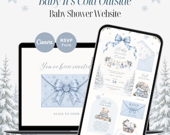 May include: A digital baby shower website template titled Baby It's Cold Outside, displayed on a laptop and smartphone screen. The design features light blue envelopes, bows, snowflakes, and teddy bear illustrations with RSVP and registry links.