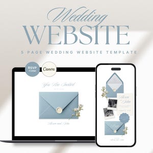 Könnte beinhalten: Ein Laptop und ein Smartphone zeigen eine Hochzeit Website Vorlage. Das Design zeigt einen hellblauen Umschlag mit Wachssiegel, Blumenschmuck und dem Text "You Are Invited". Die Worte "Wedding WEBSITE" stehen oben.