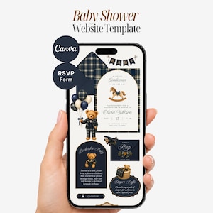 Little Gentleman Baby Shower Website Template with RSVP | Baby Boy Teddy Bear Invitation | Interactive Canva Evite
