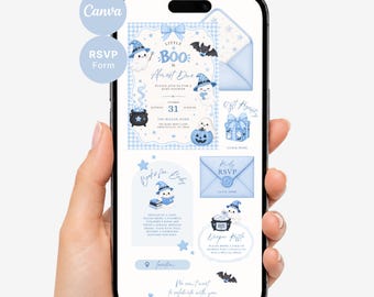 May include: A digital baby shower invitation template displayed on a smartphone screen, featuring a light blue gingham background, cartoon ghosts in witch hats, bats, and pumpkins, with text reading Little Boo Is Almost Due and RSVP.