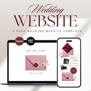Puede incluir: Una plantilla de sitio web de bodas se muestra en una computadora portátil y un teléfono inteligente. El diseño presenta un gráfico de sobre rosa, detalles florales y el texto "Wedding WEBSITE" en borgoña. Incluye un formulario RSVP.