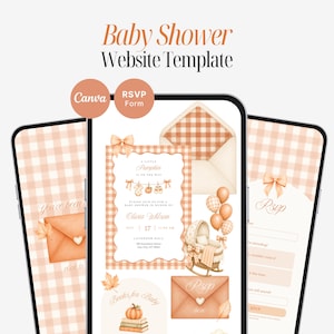 Puede incluir: Una plantilla de sitio web para baby shower mostrada en tres pantallas de smartphone. El diseño presenta un patrón de cuadros vichy naranja suave, ilustraciones en acuarela de cuna, globos, sobres y calabazas, con texto que incluye Baby Shower Website Template, Canva, RSVP Form y A Little Pumpkin Is On The Way.