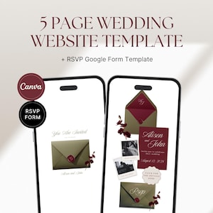 Olive & Burgundy Wedding Website Template with RSVP | Interactive Envelope Invitation | Editable Canva Template | Digital Download