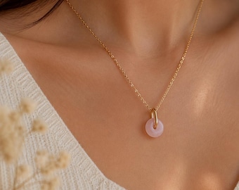 Genuine Rose Quartz Donut Pendant Necklace – Gold Plated Chain, Elegant Minimalist Jewelry